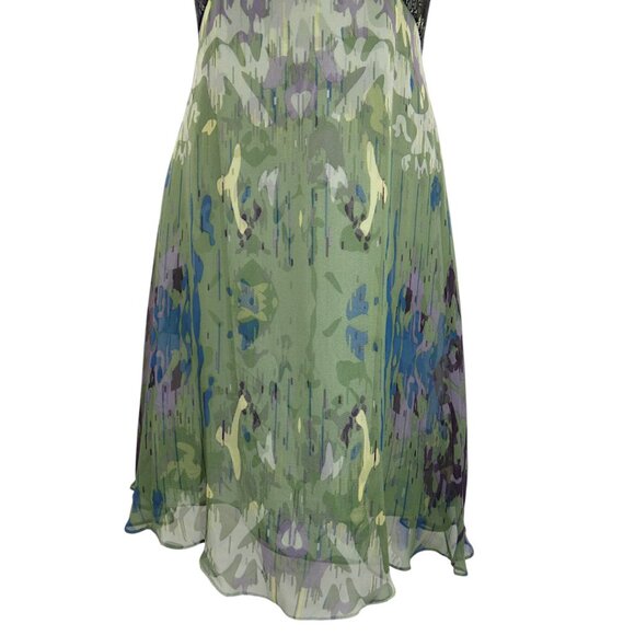 Vessel by Timo  Flowy 100% Silk Green Abstract Print Lace Inset Dress Size 12 - Picture 3 of 12